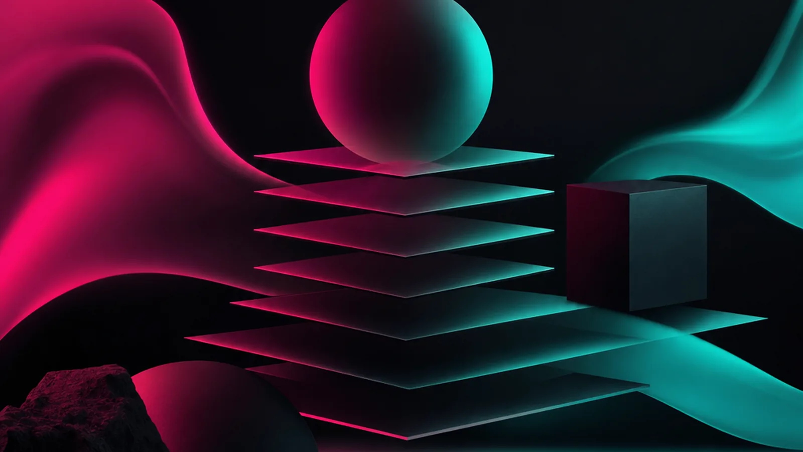Abstract illustration of a modular grid of interlocking tiles, a few lit in magenta and turquoise, on a dark ground.