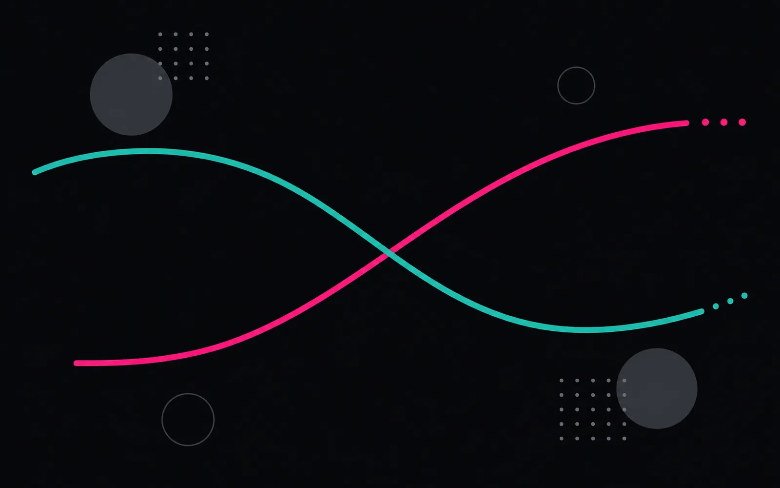 Two smooth S-shaped curves, one magenta and one turquoise, crossing at the centre like a soft X. Each curve reads as one continuous line the eye follows through the crossing rather than two paths meeting. A few dots continue in a line beyond the end of one curve, in its same direction.