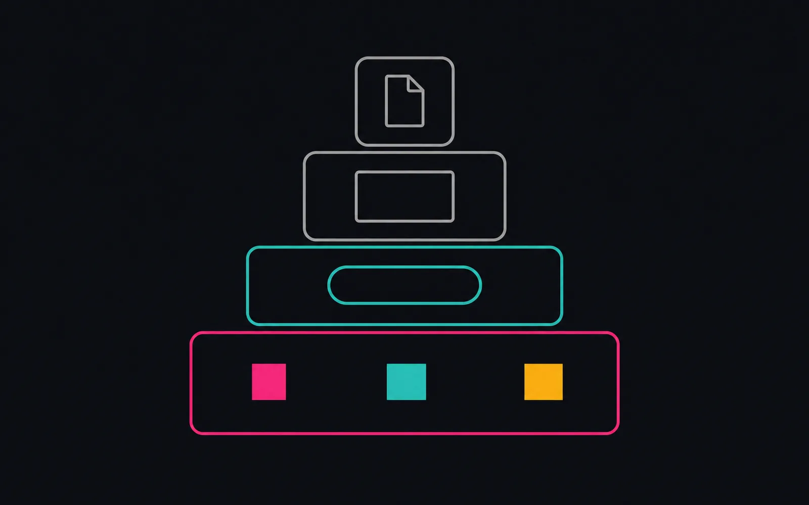 Four stacked horizontal tiers narrowing upward. The widest bottom tier is outlined in magenta and holds three small coloured squares. The tiers above it are turquoise and grey, holding a pill shape, a card outline and a page outline.