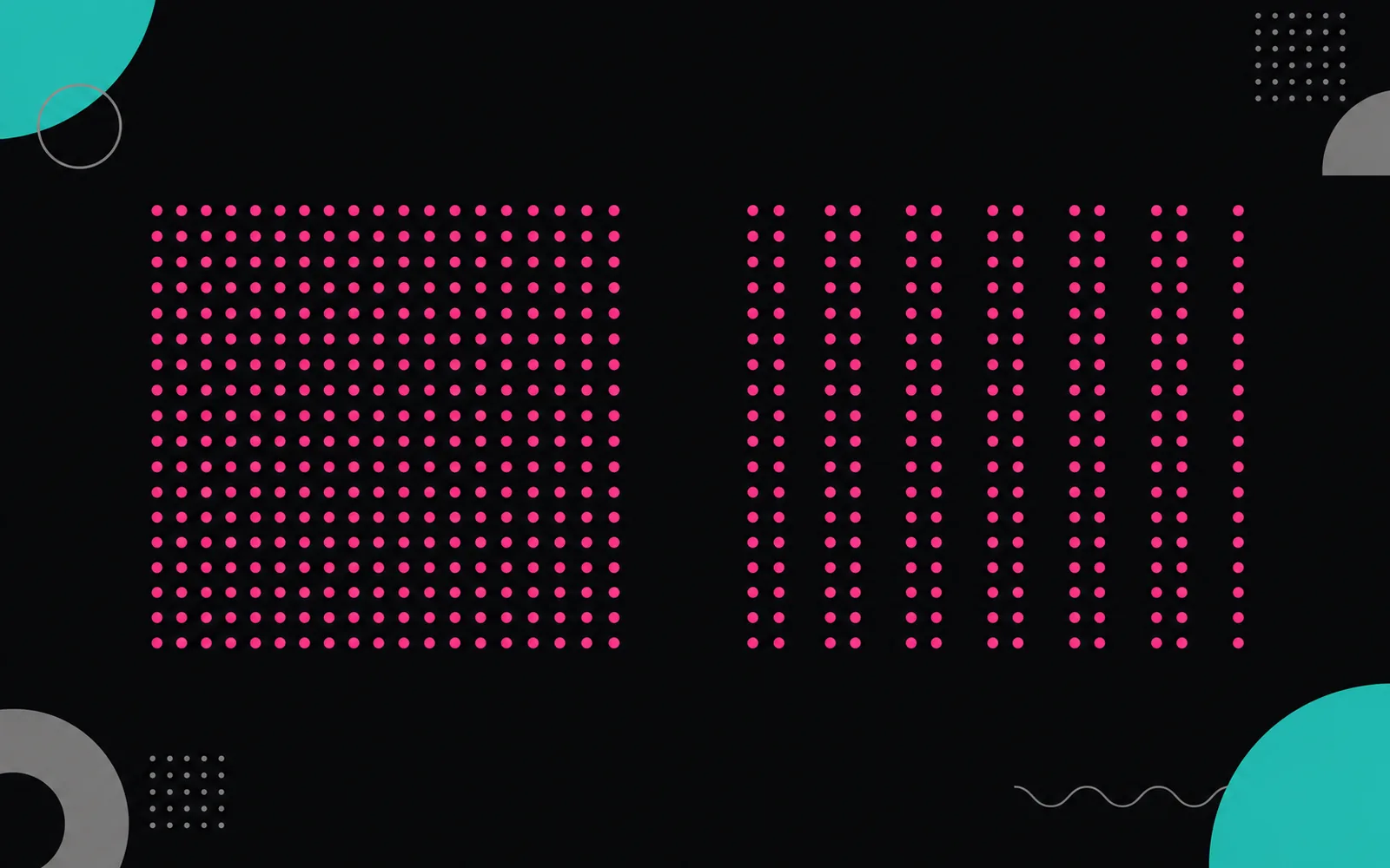 Two fields of identical small dots. The left field is evenly spaced and reads as one continuous block. The right field has the same dots but with wider gaps between pairs of columns, so it reads as several separate groups instead of one field.