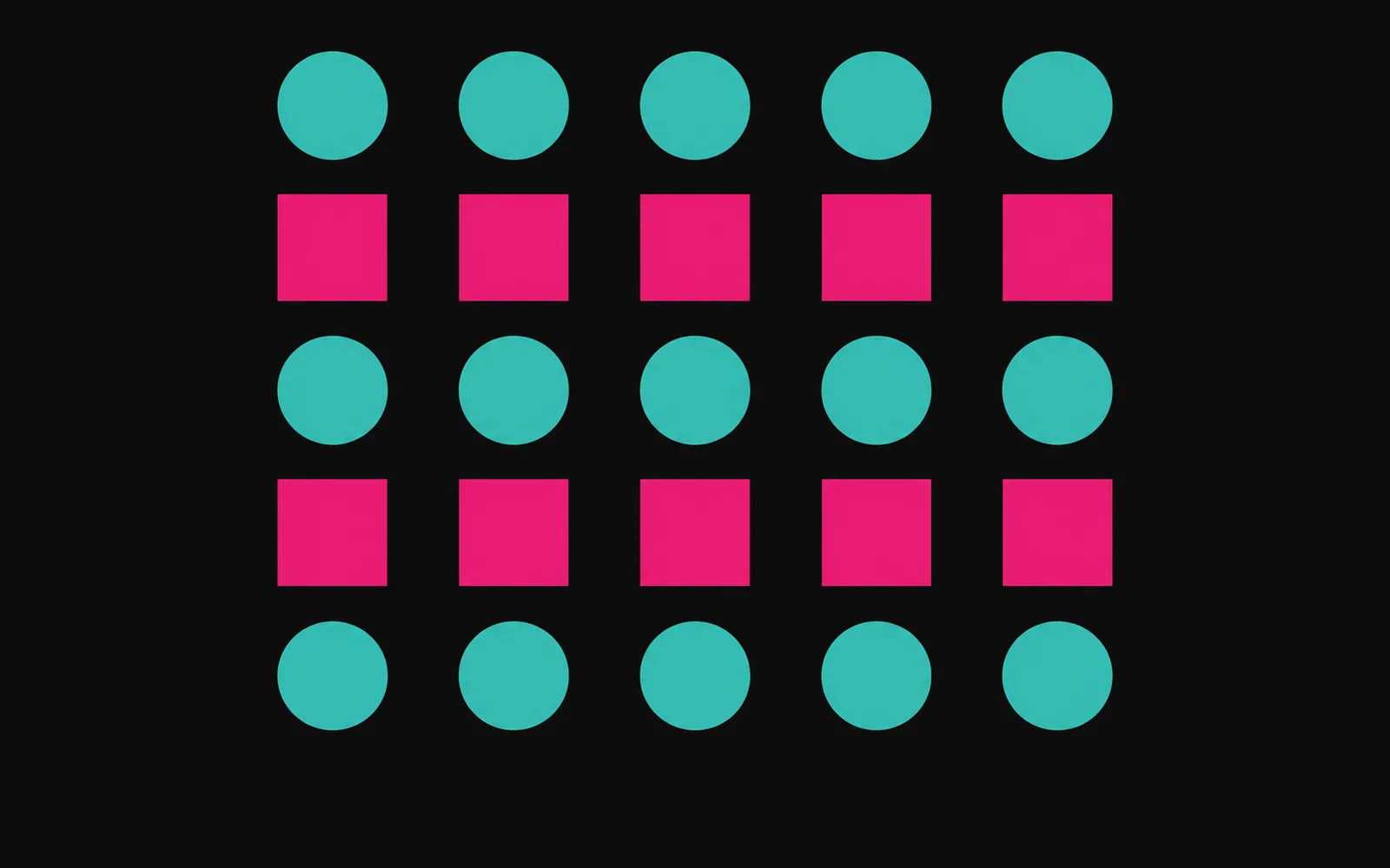 A five by five grid of same-sized shapes, evenly spaced. Rows alternate between turquoise circles and magenta squares, so colour and shape alone make the eye read horizontal rows.