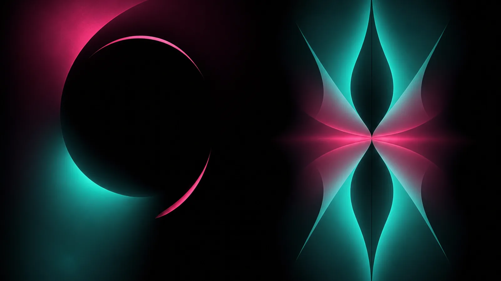 Abstract illustration of three notched discs whose gaps imply a triangle that is not drawn, in magenta and turquoise on a dark ground.