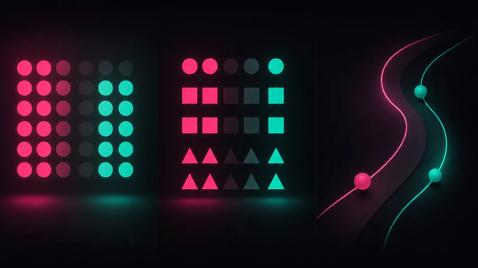 Abstract illustration of scattered dots and broken arcs that the eye reads as a single circle and two groups, in magenta and turquoise on a dark ground.