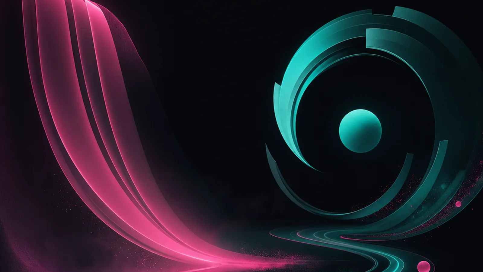 Abstract illustration of one long descending cascade of planes beside a tight loop of short arcs, in magenta and turquoise on a dark ground.