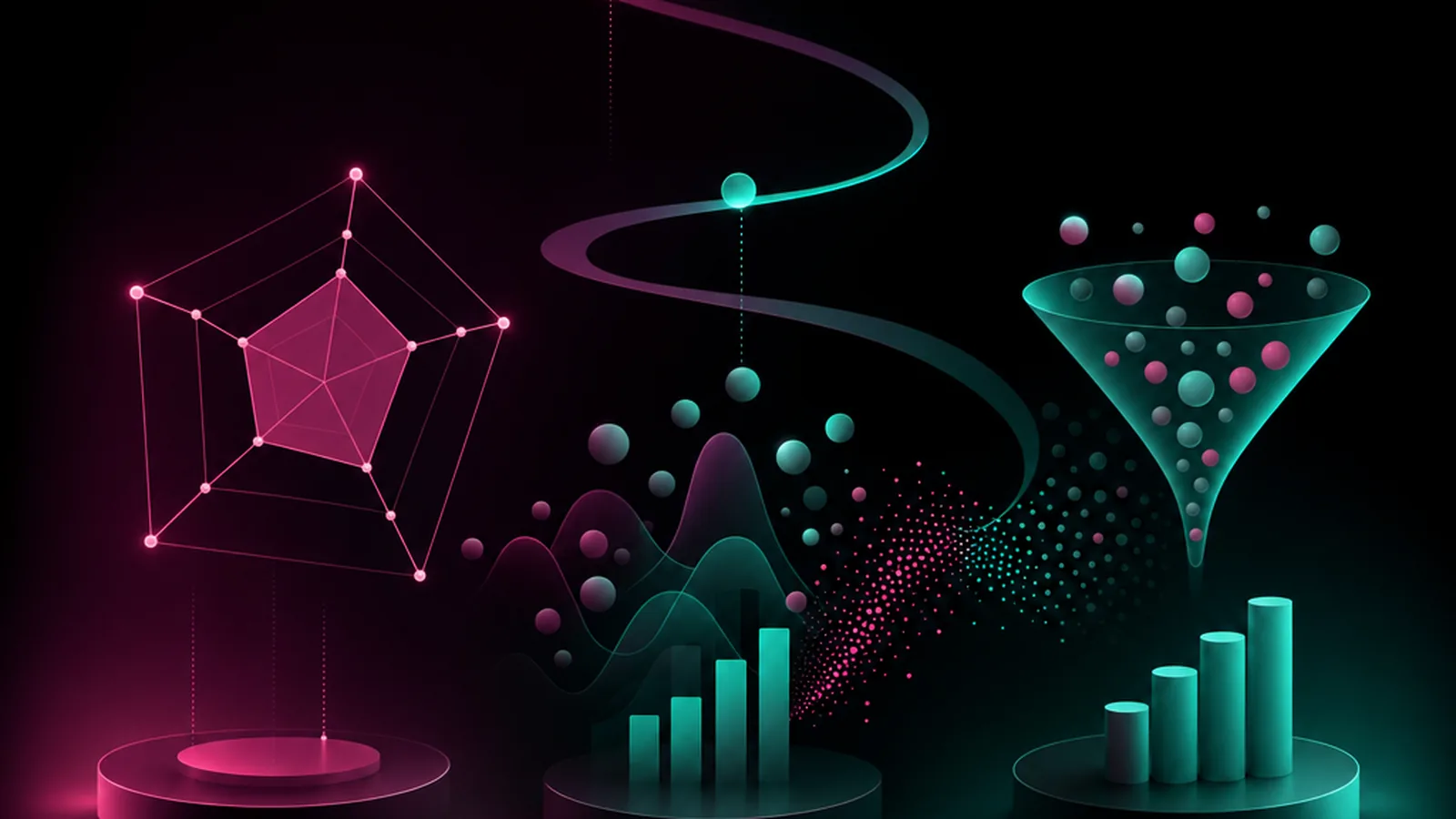 Abstract illustration of a row of thin vertical bars rising unevenly beside a single arc, in magenta and turquoise on a dark ground.