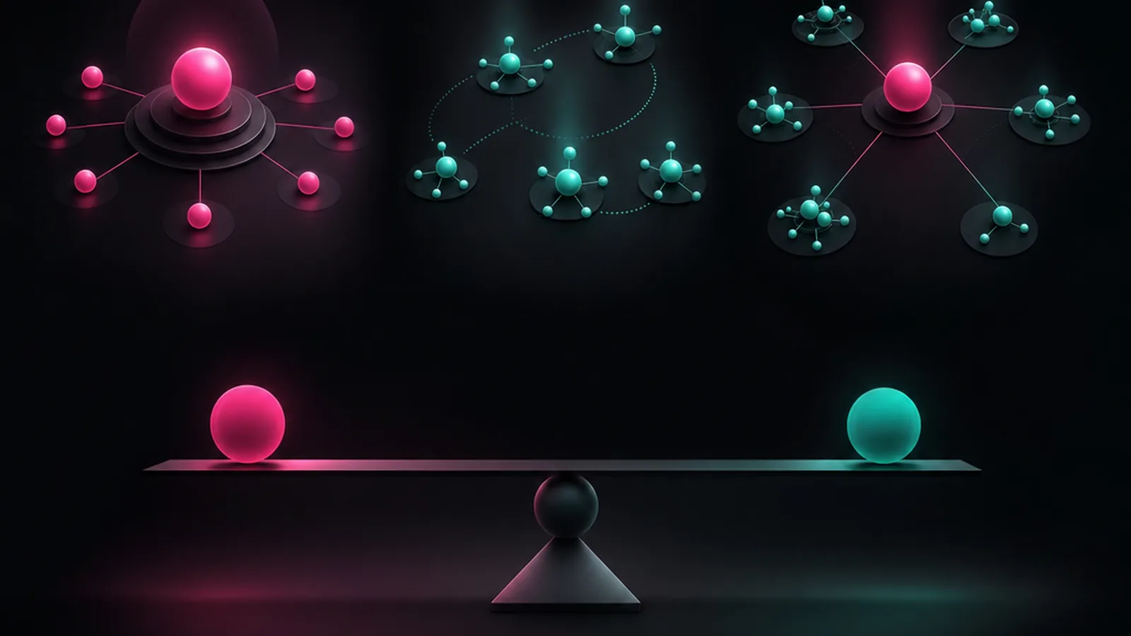 Abstract illustration of clustered nodes, one tight central cluster and several small satellite groups linked by thin lines, in magenta and turquoise on a dark ground.