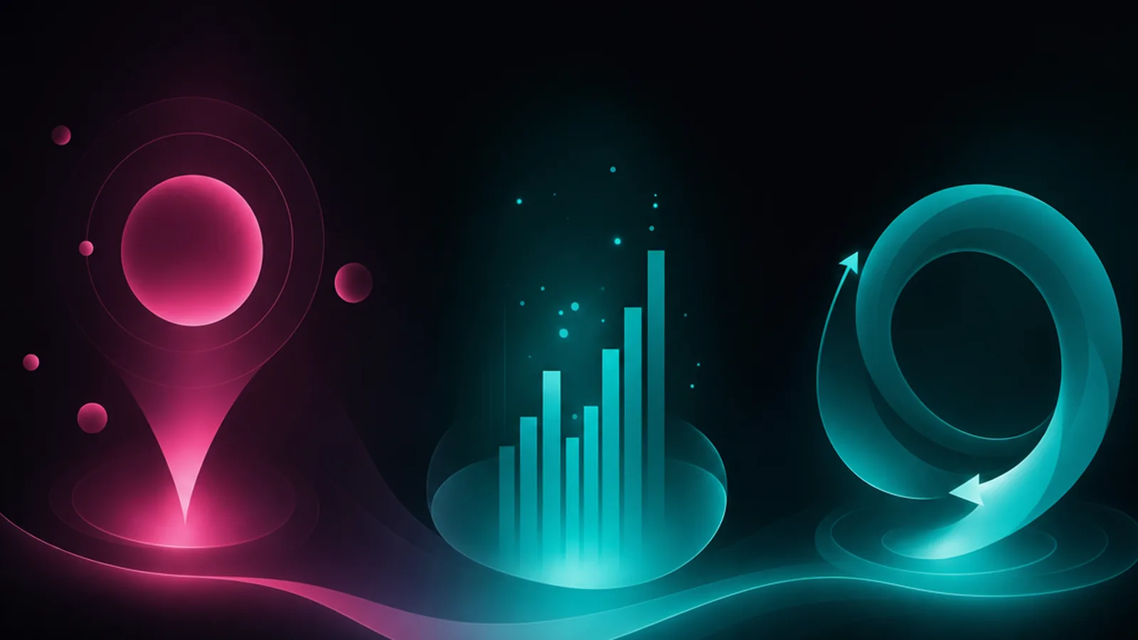 Abstract illustration of three connected stages, research, measurement and iteration, in magenta and turquoise on a dark ground.