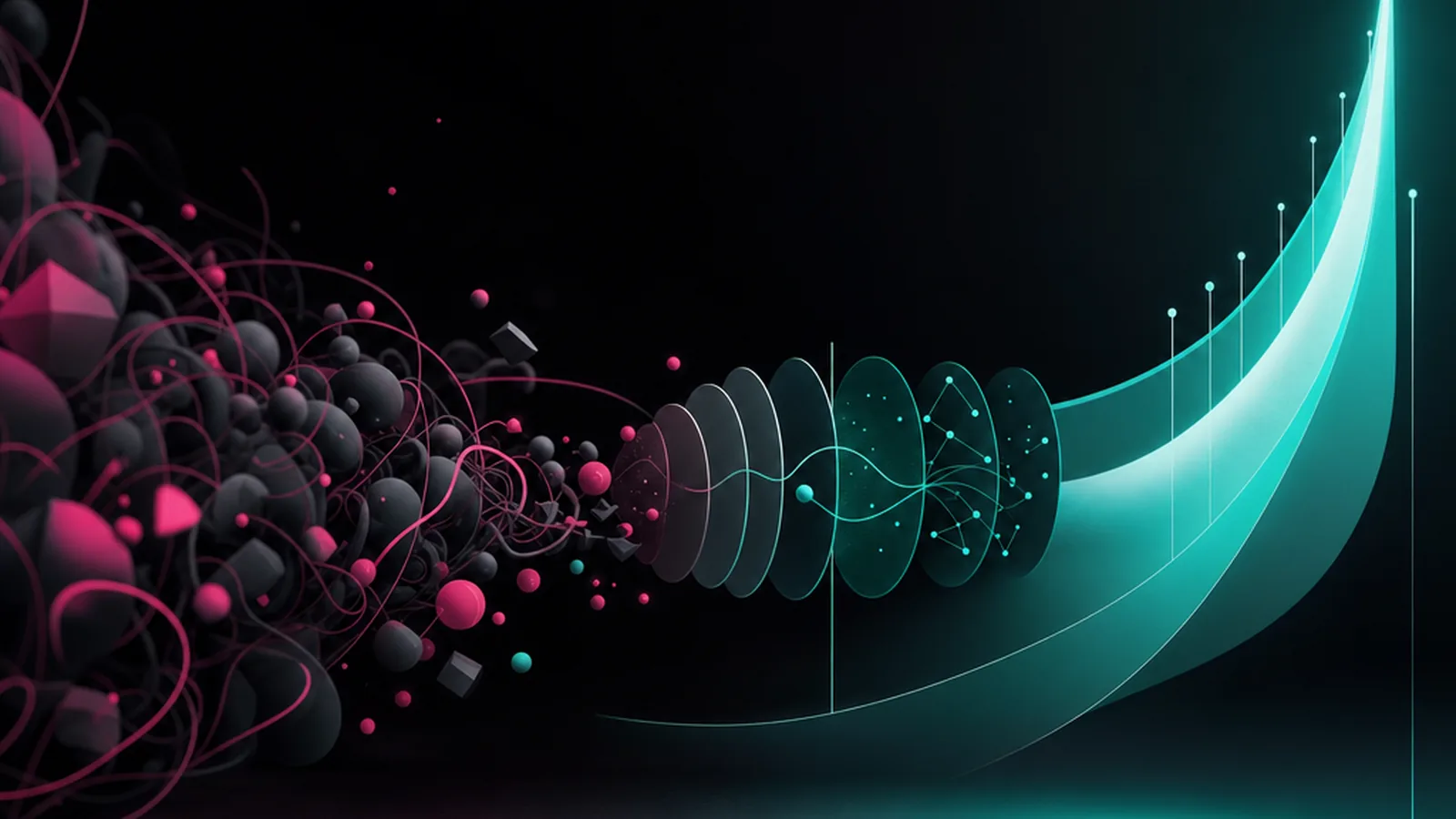 Abstract illustration of a staircase of four ascending planes, the third lit in magenta and the fourth in turquoise, on a dark ground.