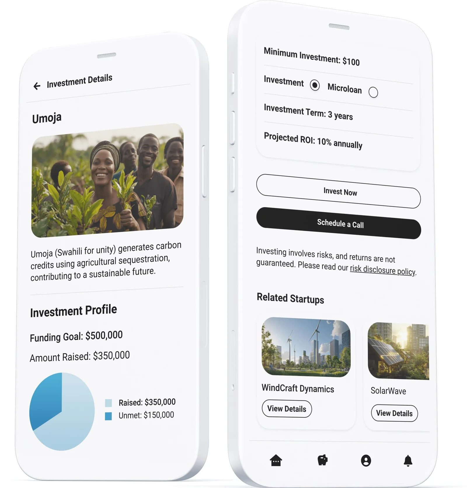 A fictional investment profile: funding goal, raised amount, minimum, term, and illustrative projected return, with risk disclosures one tap away.