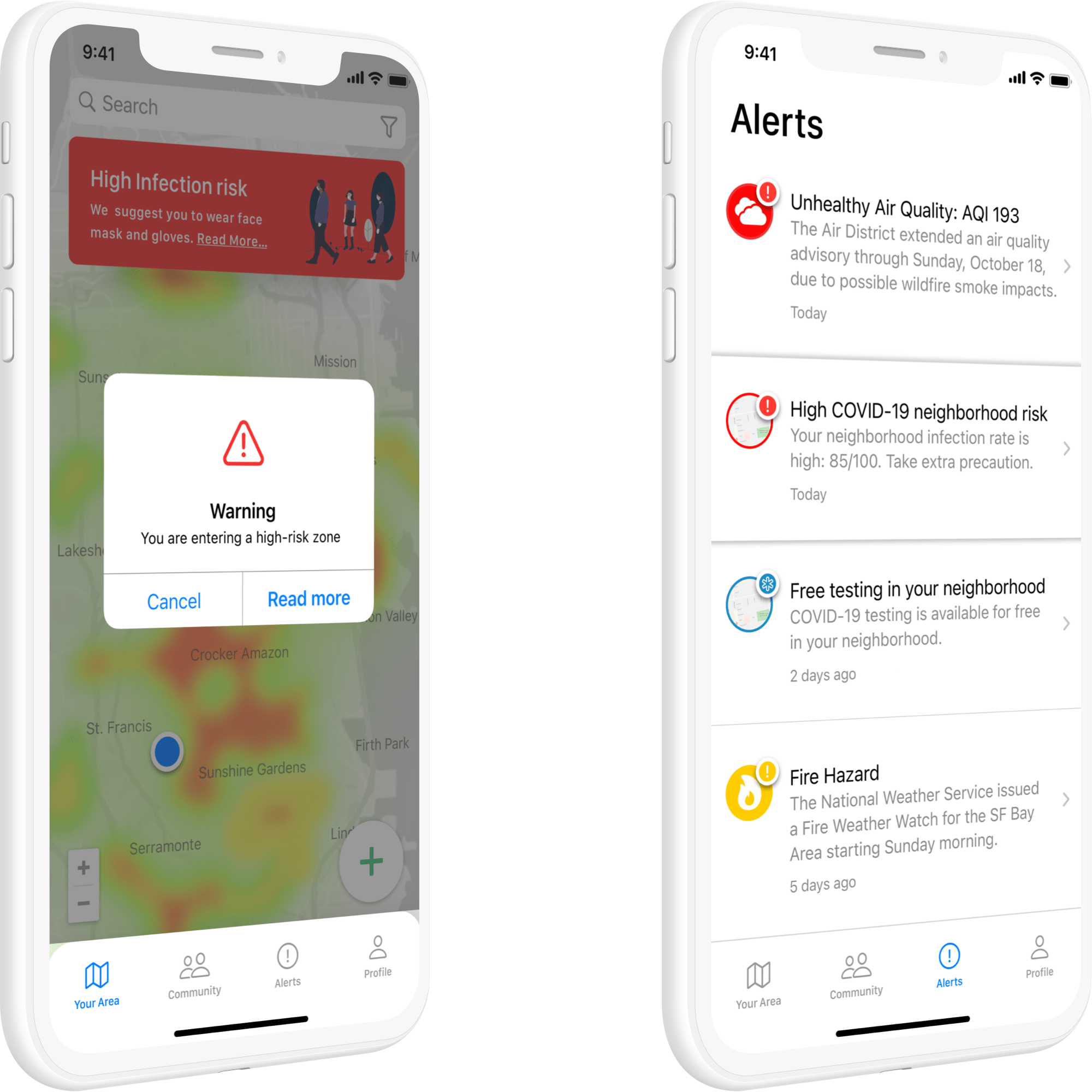 A contextual warning interrupts the map when someone approaches a high-risk zone.
