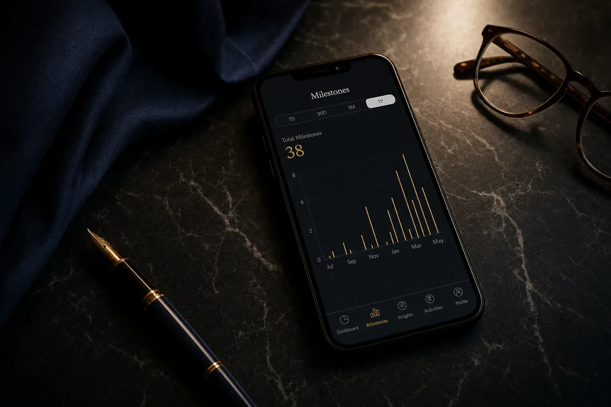 AI-rendered key art for A new era of investment, designed from zero to one: a phone milestone chart beside a fountain pen and glasses on dark marble.