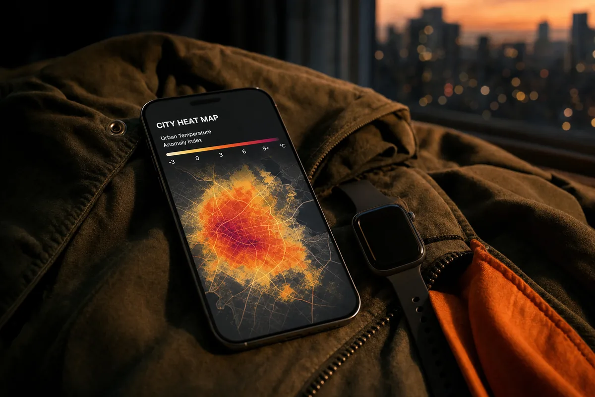 AI-rendered key art for Safety context that travels with the team: a phone heat map and a smartwatch on a field jacket by a dusk window.