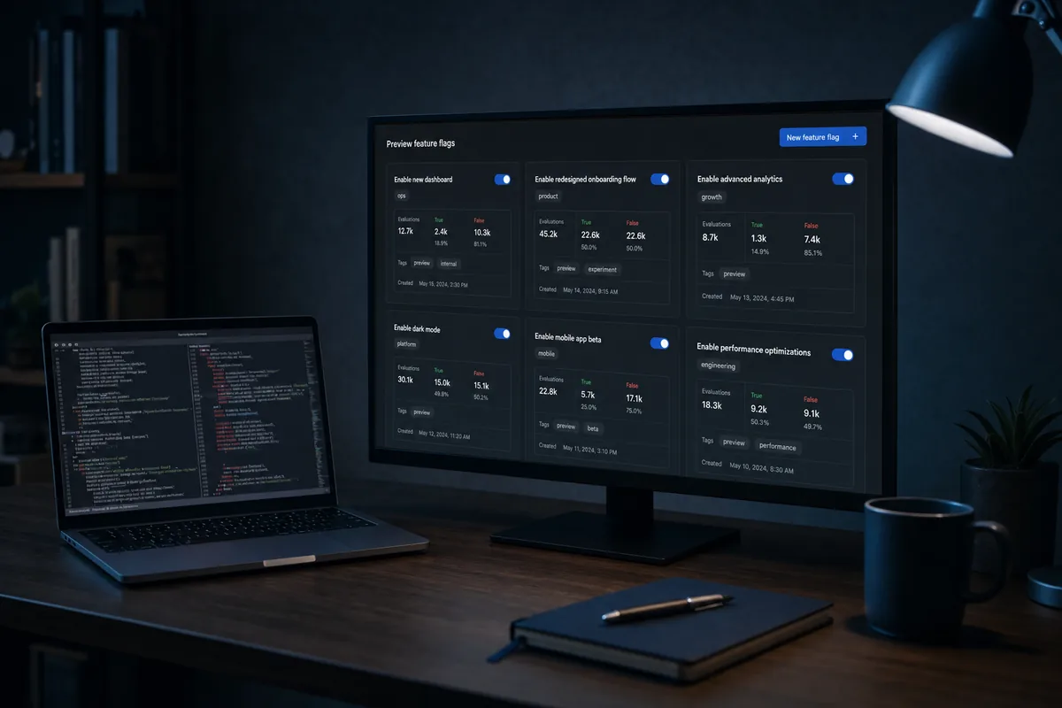 AI-rendered key art for Governing feature flags across four product surfaces: a laptop terminal and a monitor dashboard in steel-blue light.