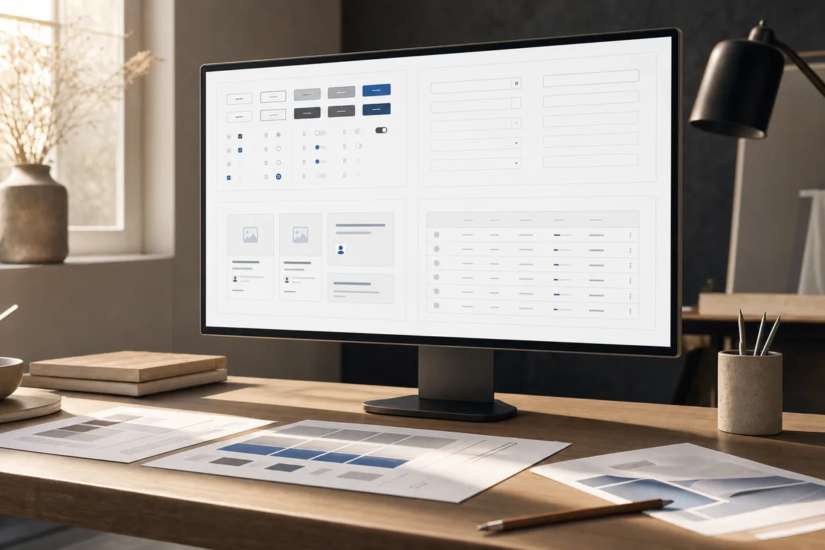 AI-rendered key art for One: A Living Component Registry: a monitor showing the component library beside printed token sheets.
