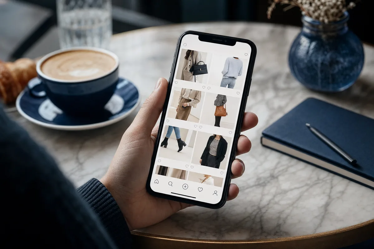 AI-rendered key art for Finding out if a photo could replace the search box: a hand holding a phone with the shoppable fashion feed over a café table.