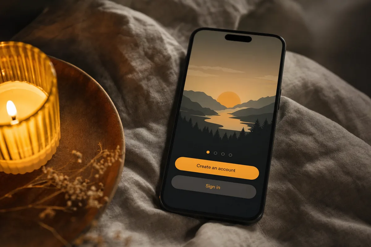 AI-rendered key art for Building two onboarding flows to let evidence decide: a phone on linen showing the onboarding screen by candlelight.