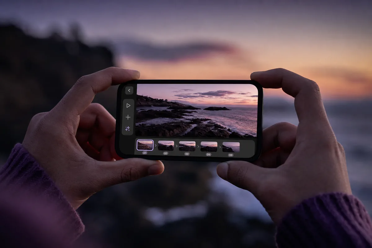 AI-rendered key art for Betting a video tool on conversation instead of a prompt box: two hands filming a coastal dusk on a phone with the storyboard strip on screen.