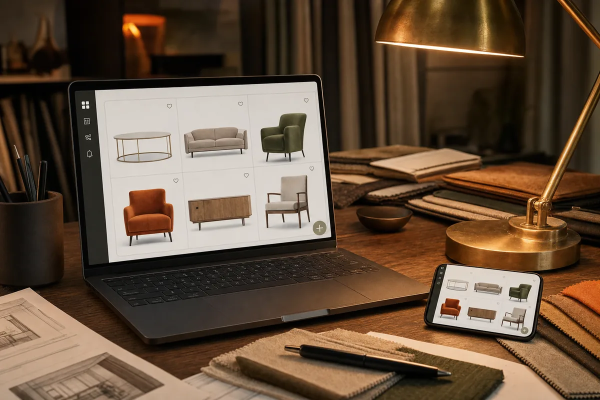 AI-rendered key art for Reimagining B2B Procurement: a laptop and phone showing the furniture catalogue on an interior designer's desk.