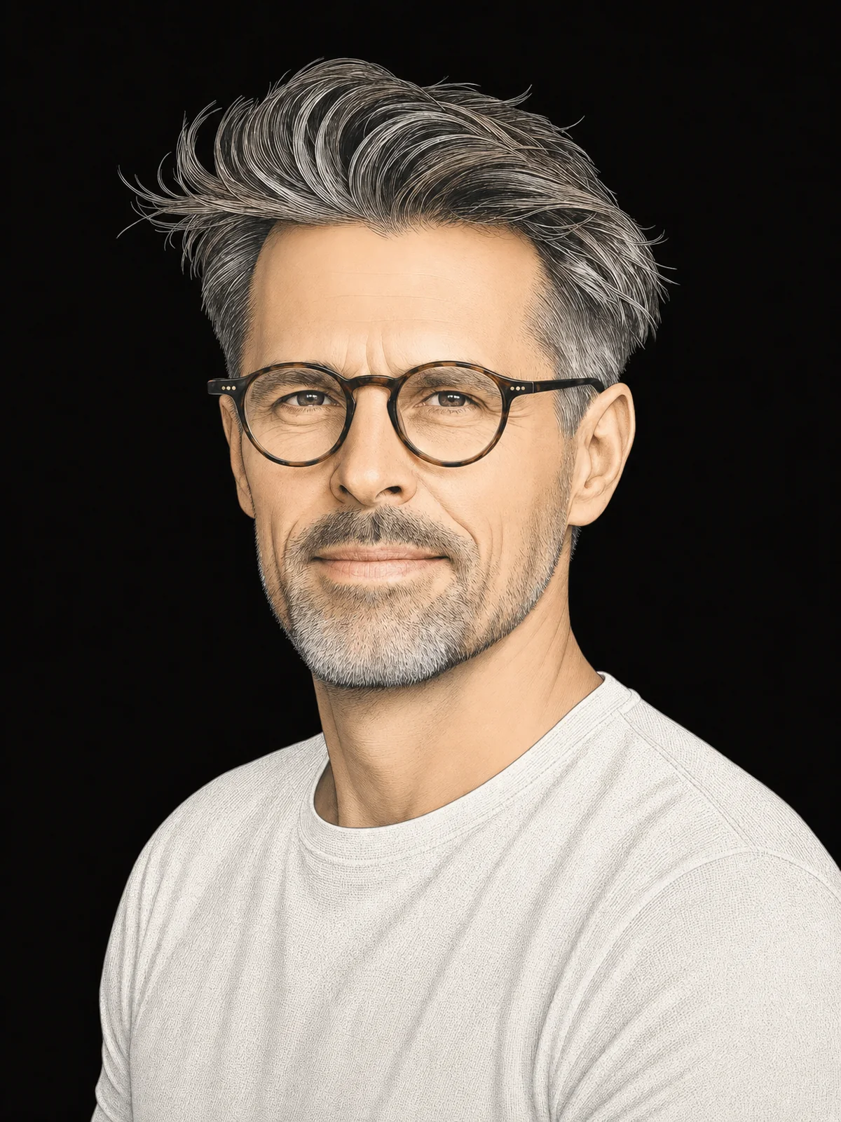 Illustrated portrait of Ryan Hanau: engraved line work and halftone grain, round tortoiseshell glasses, swept-back grey-streaked hair, light stubble, white t-shirt, on a near-black ground.