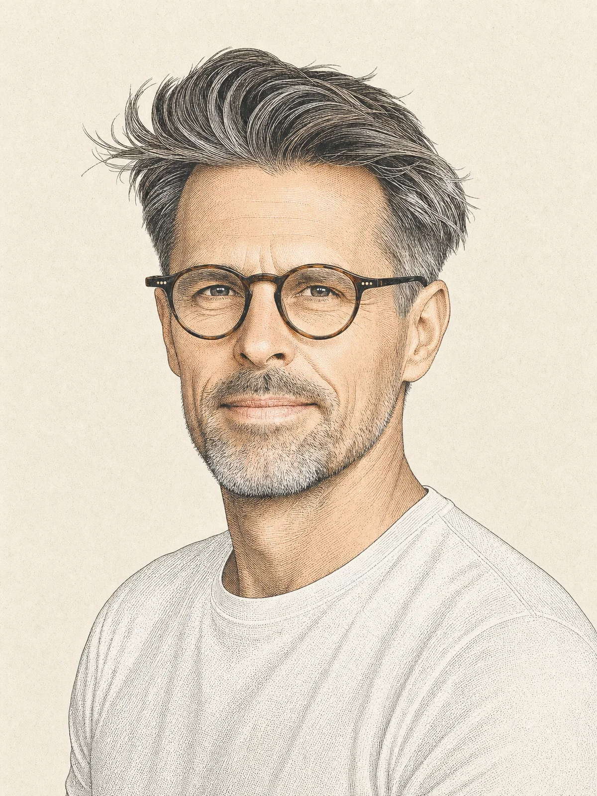 Illustrated portrait of Ryan Hanau: engraved line work and halftone grain, round tortoiseshell glasses, swept-back grey-streaked hair, light stubble, white t-shirt, on warm paper.