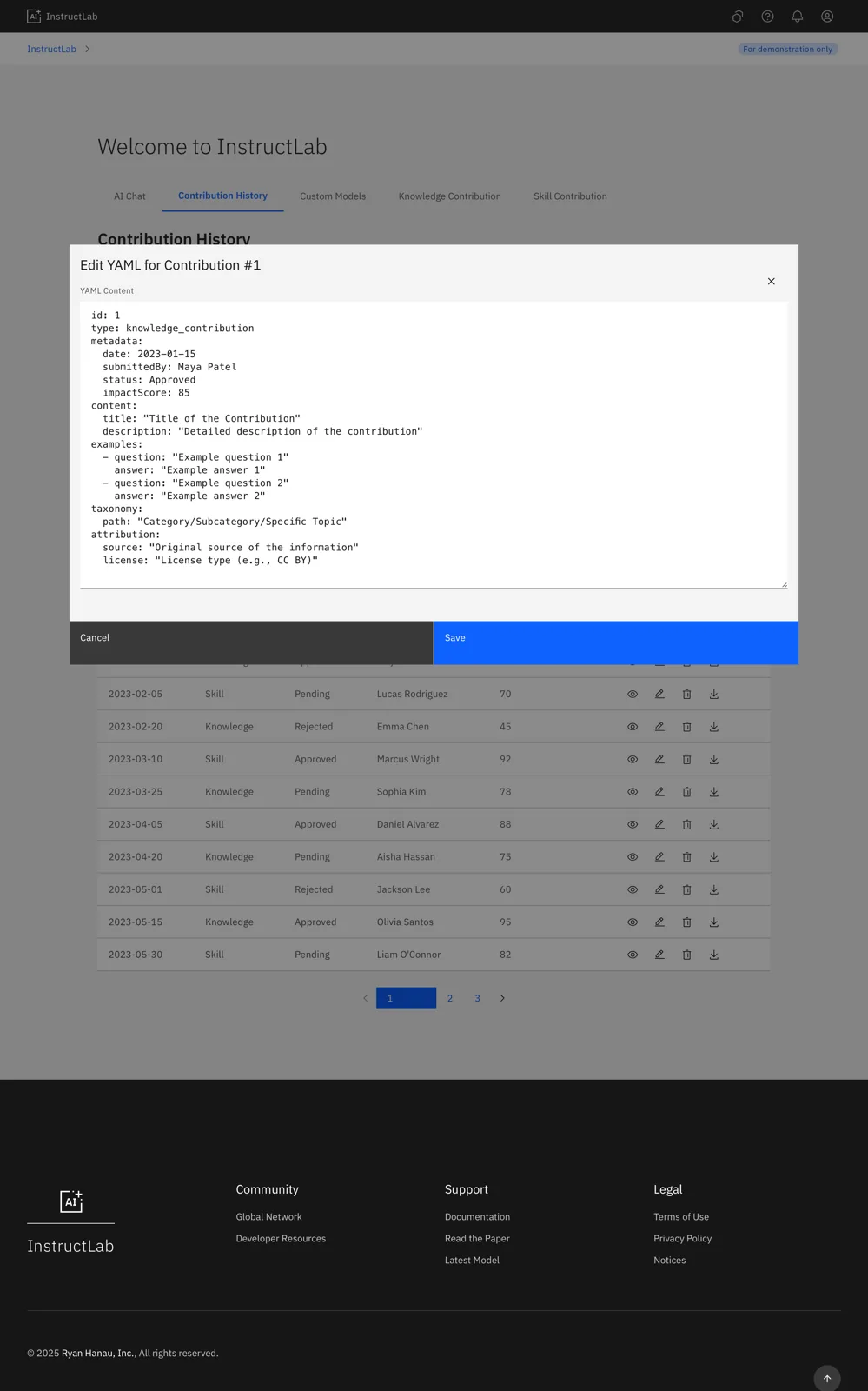 The YAML editor, open as a modal for contributors who want direct, code-level control.