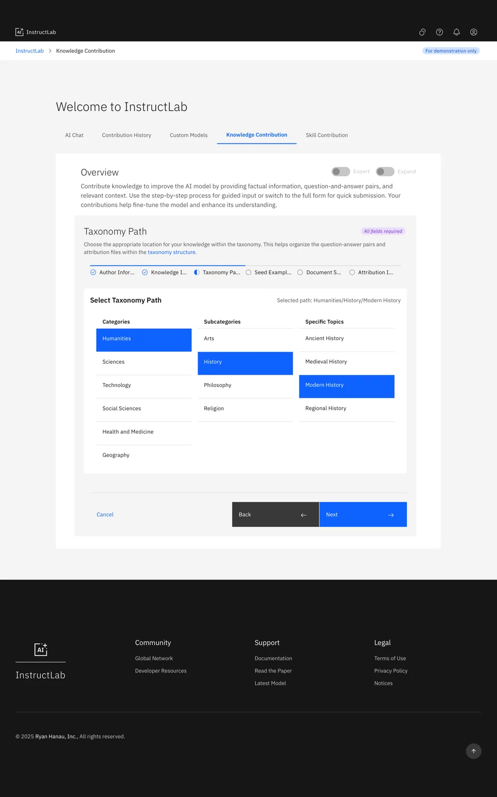 Knowledge contribution, Beginner mode: the multi-page wizard, expanded.