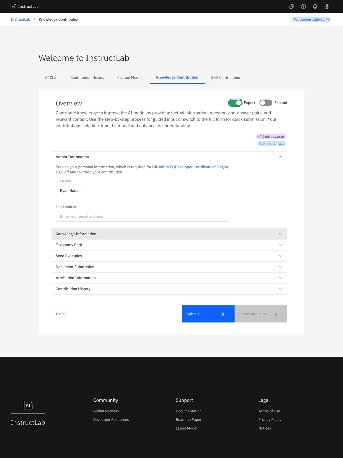 Knowledge contribution, Expert mode: one page, every field, for a repeat contributor moving fast.