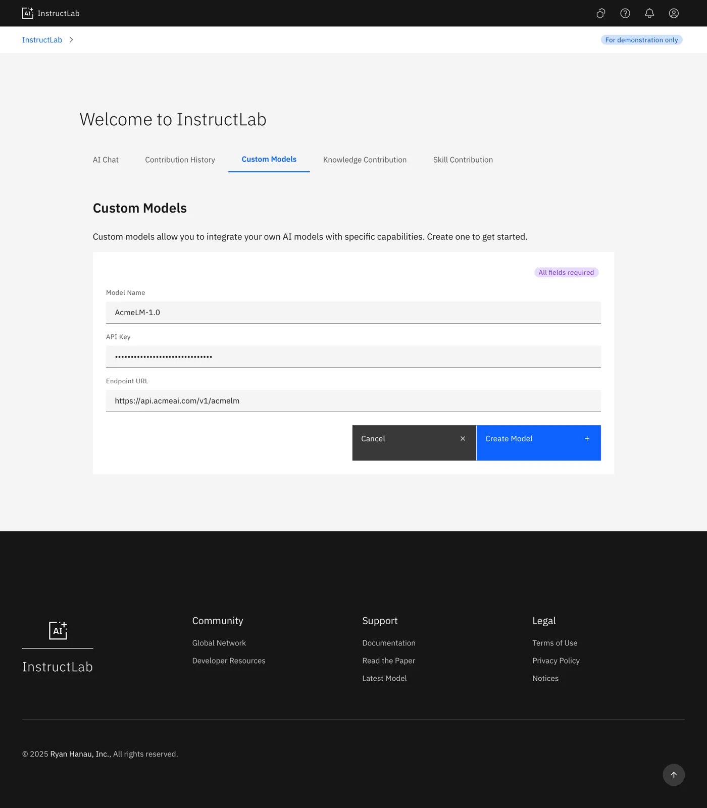 Custom model registration, for teams pointing InstructLab at their own endpoint.