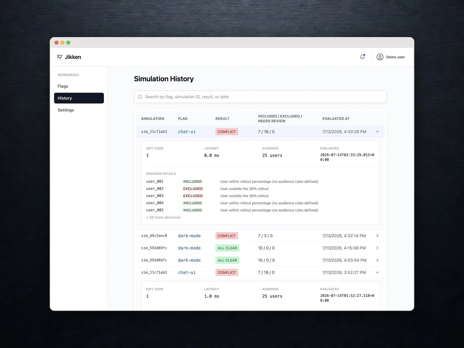 Jikken's simulation history showing an expanded audit record and decision detail.