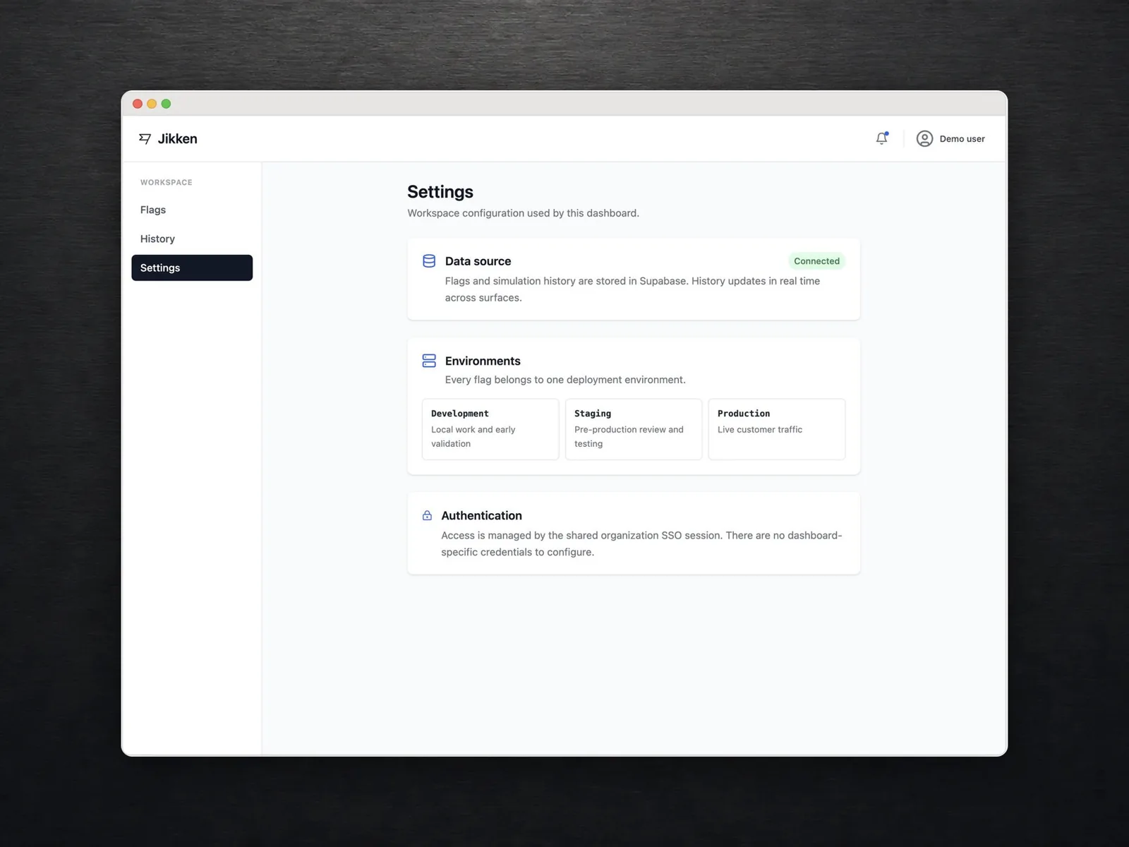 Jikken's settings page showing the active data source, environments and authentication configuration.