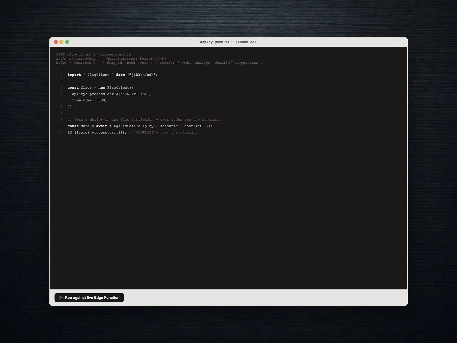 Jikken's SDK contract example using a typed client to evaluate whether a deployment is safe.