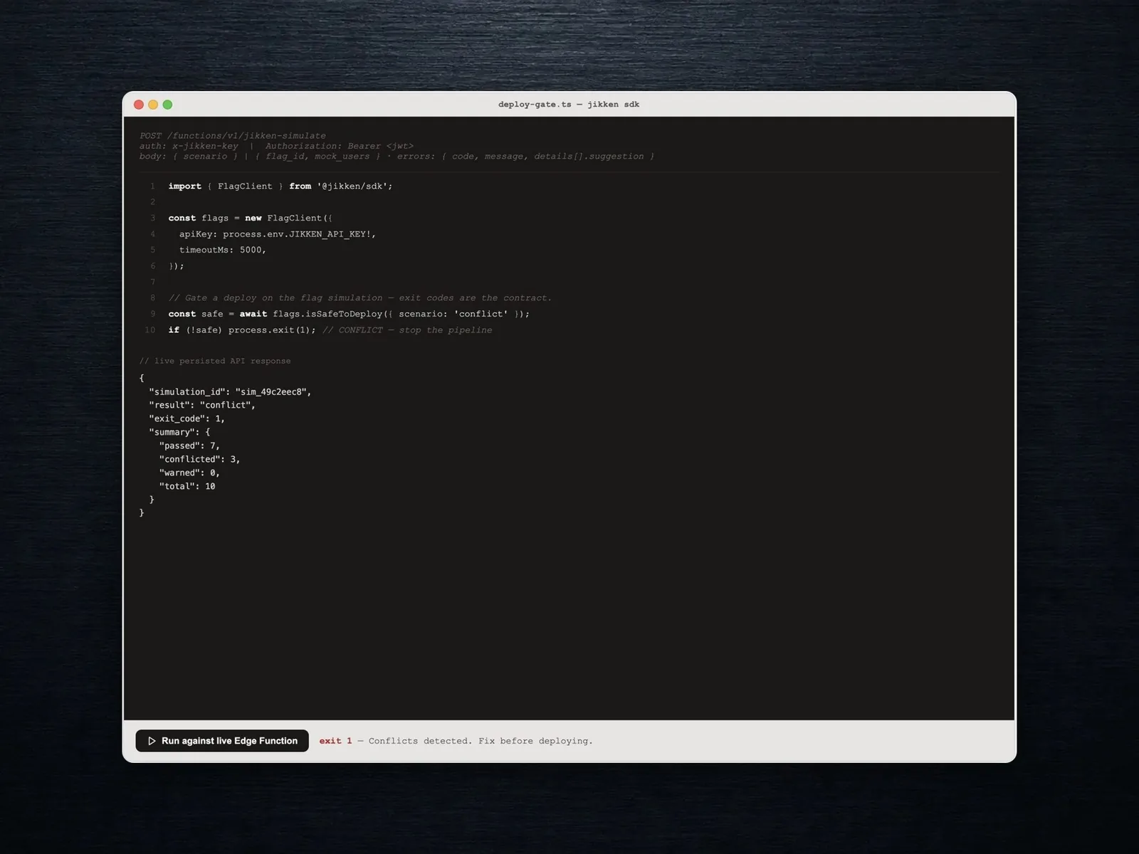 Jikken's SDK response showing a conflict verdict, exit code and audience summary.