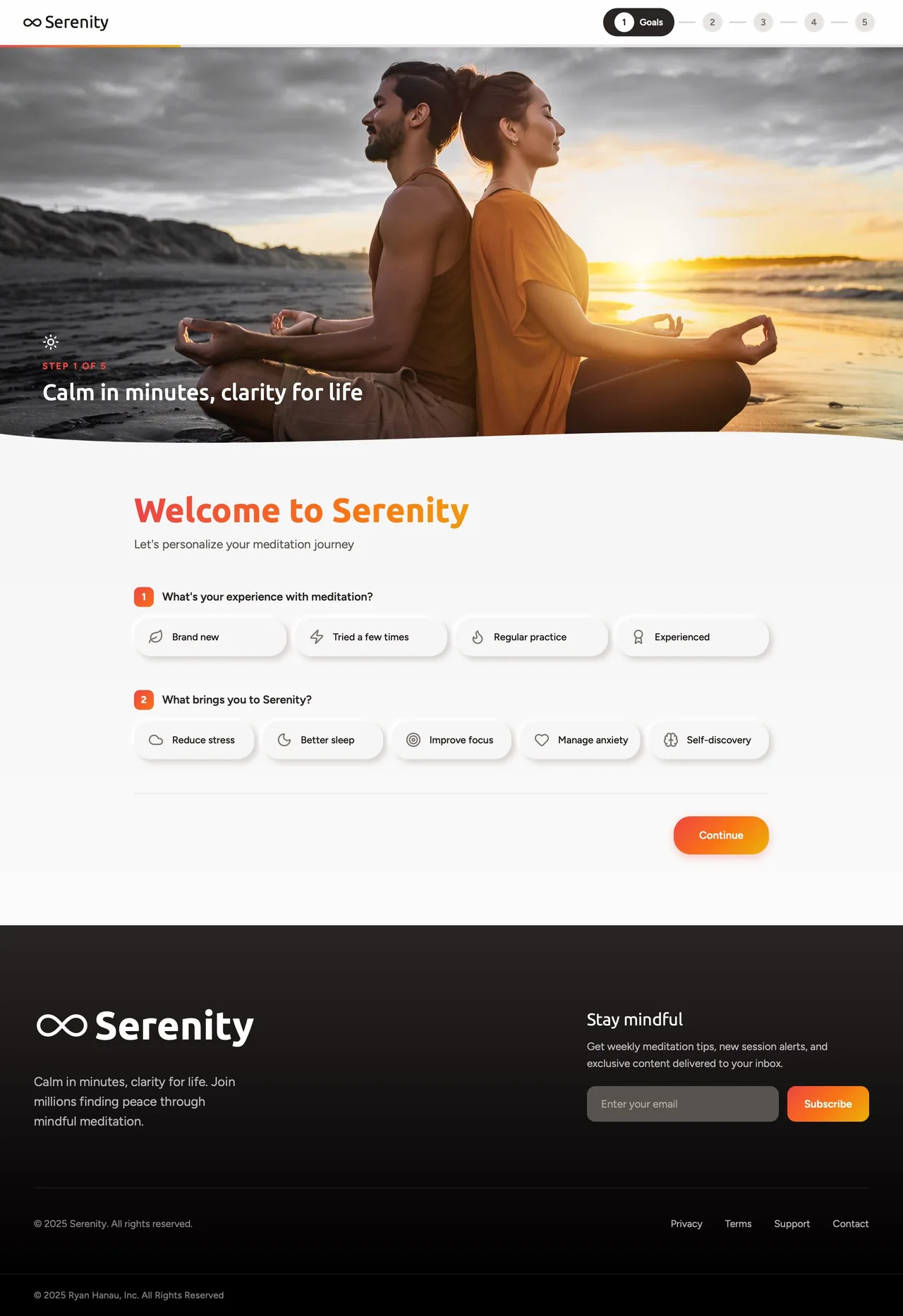 Step 1 of 5: goals and meditation experience, set against full-bleed lifestyle photography.