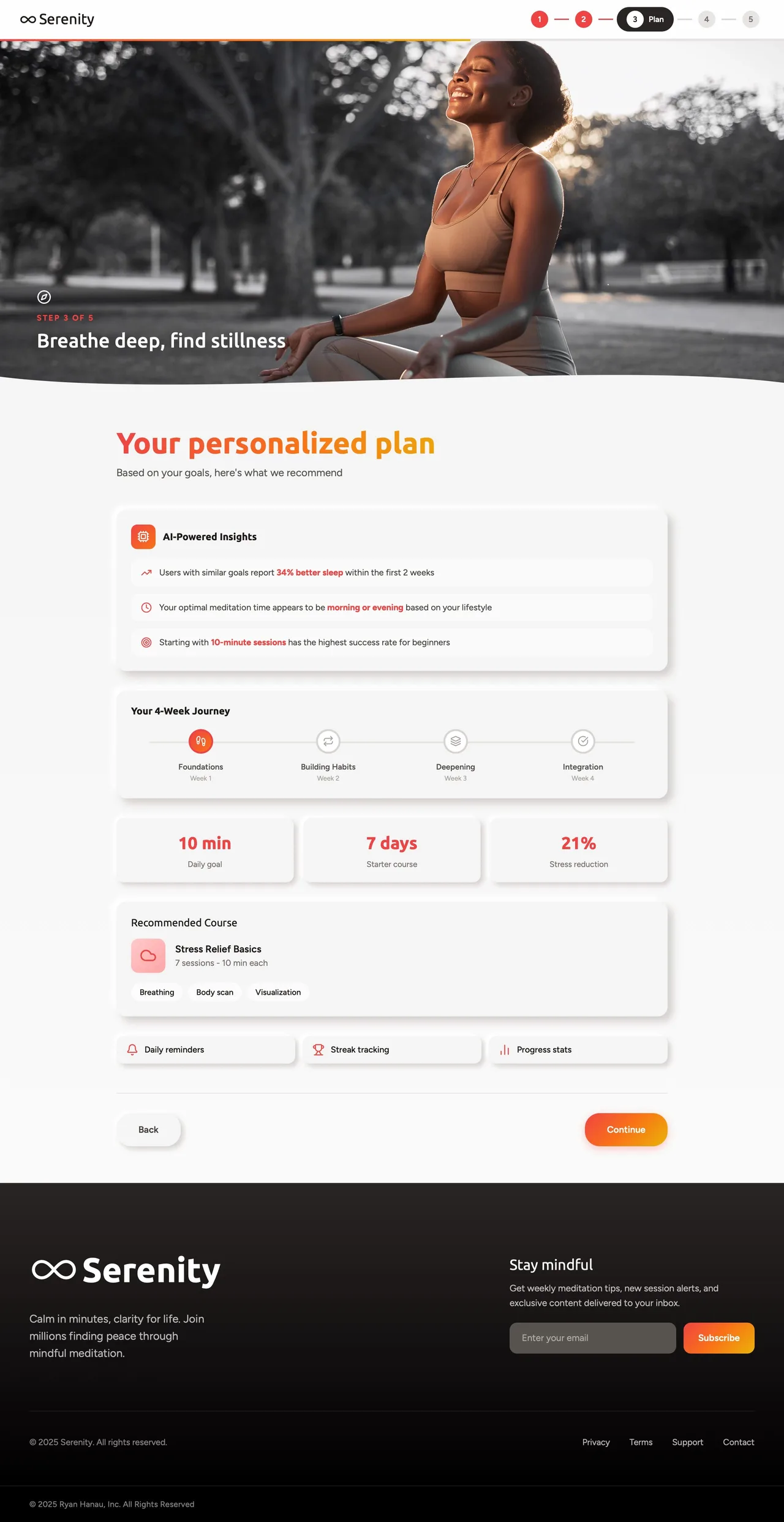 Step 3 of 5: the AI-generated plan, a four-week journey, and a recommended starter course.