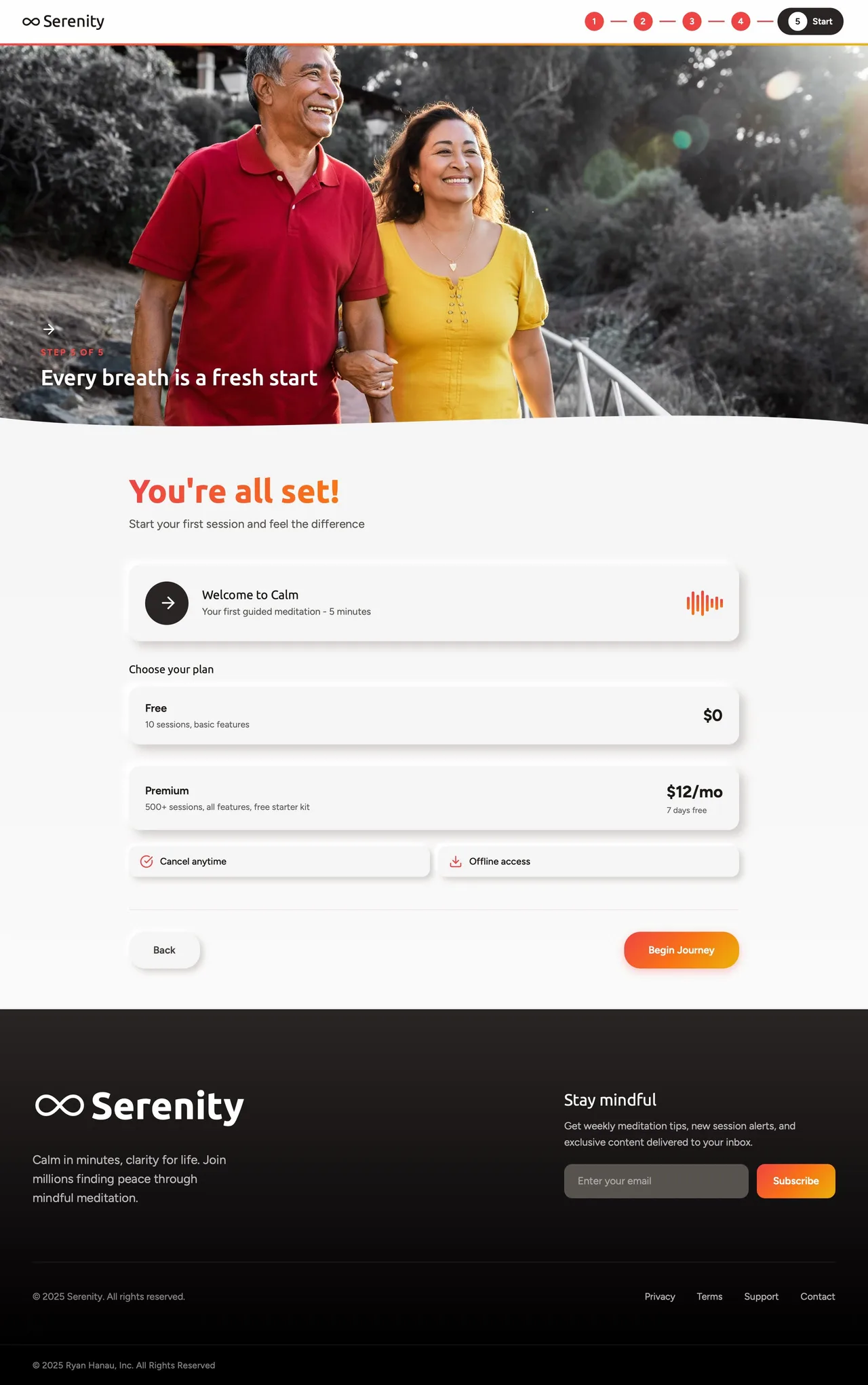 Step 5 of 5: choosing free or premium and starting the first session.