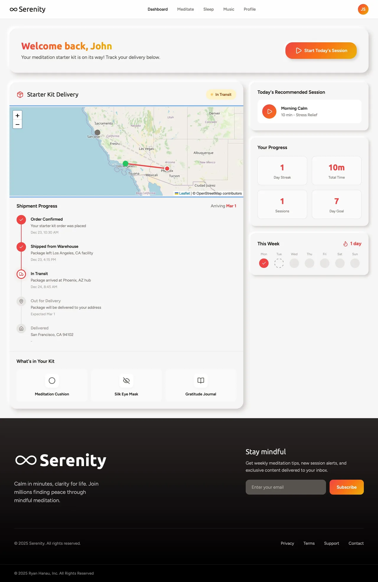 The dashboard after onboarding, tracking the starter kit's delivery alongside the first practice streak.