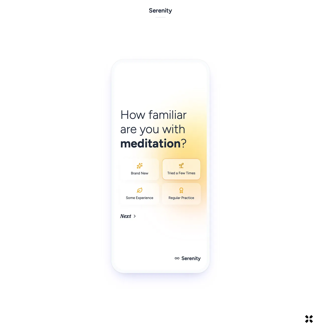 Meditation experience, in the same one-question pattern with its own gradient.
